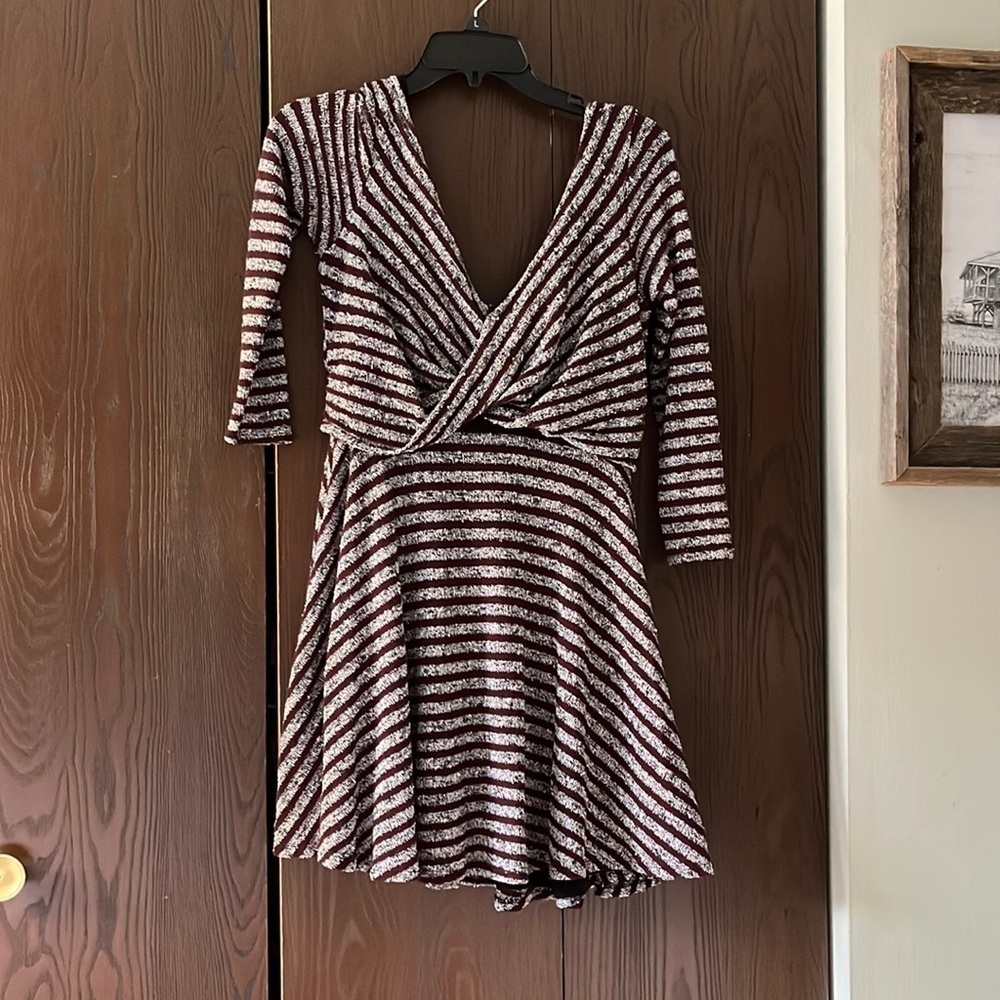 Free People 3/4 sleeved gray/black with cranberry stripes dress. Size SP
